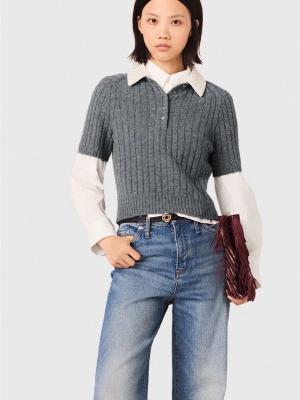 Maje Pearl Beaded Collar Ribbed Sweater - Picture 3 of 7